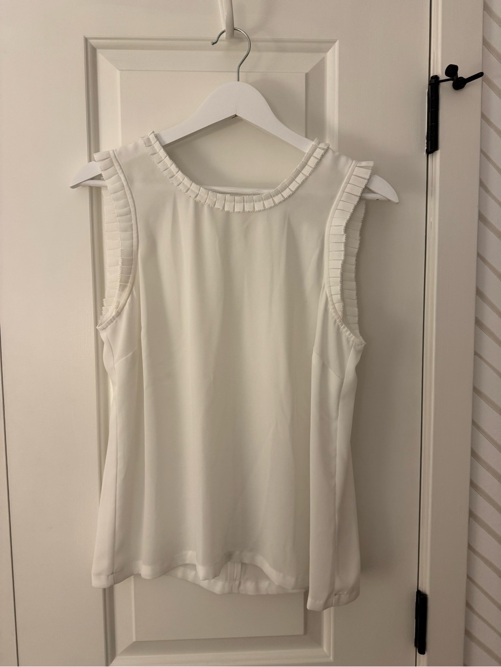 J. Crew White Sleeveless Pleated-Trim Crepe Blouse
